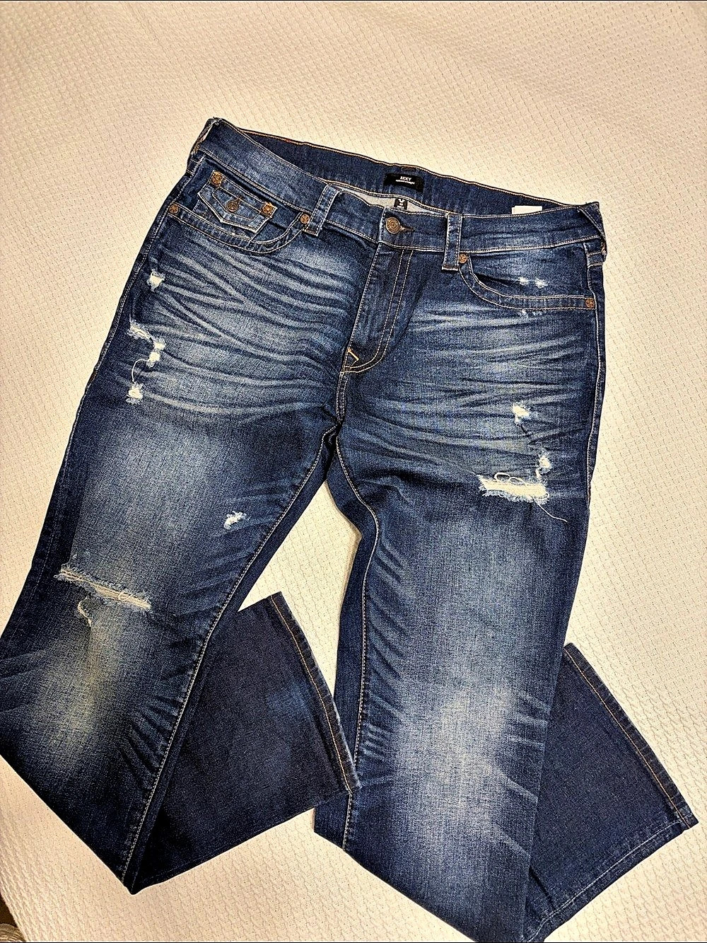 True Religion Men’s Ricky Relaxed Straight Distressed Blue Jeans Waist 40